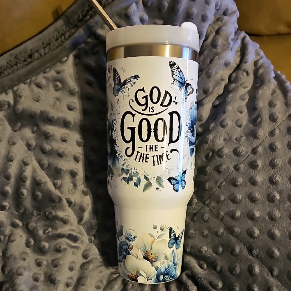 Inspirational Christian Theme White and Blue Floral Tumbler